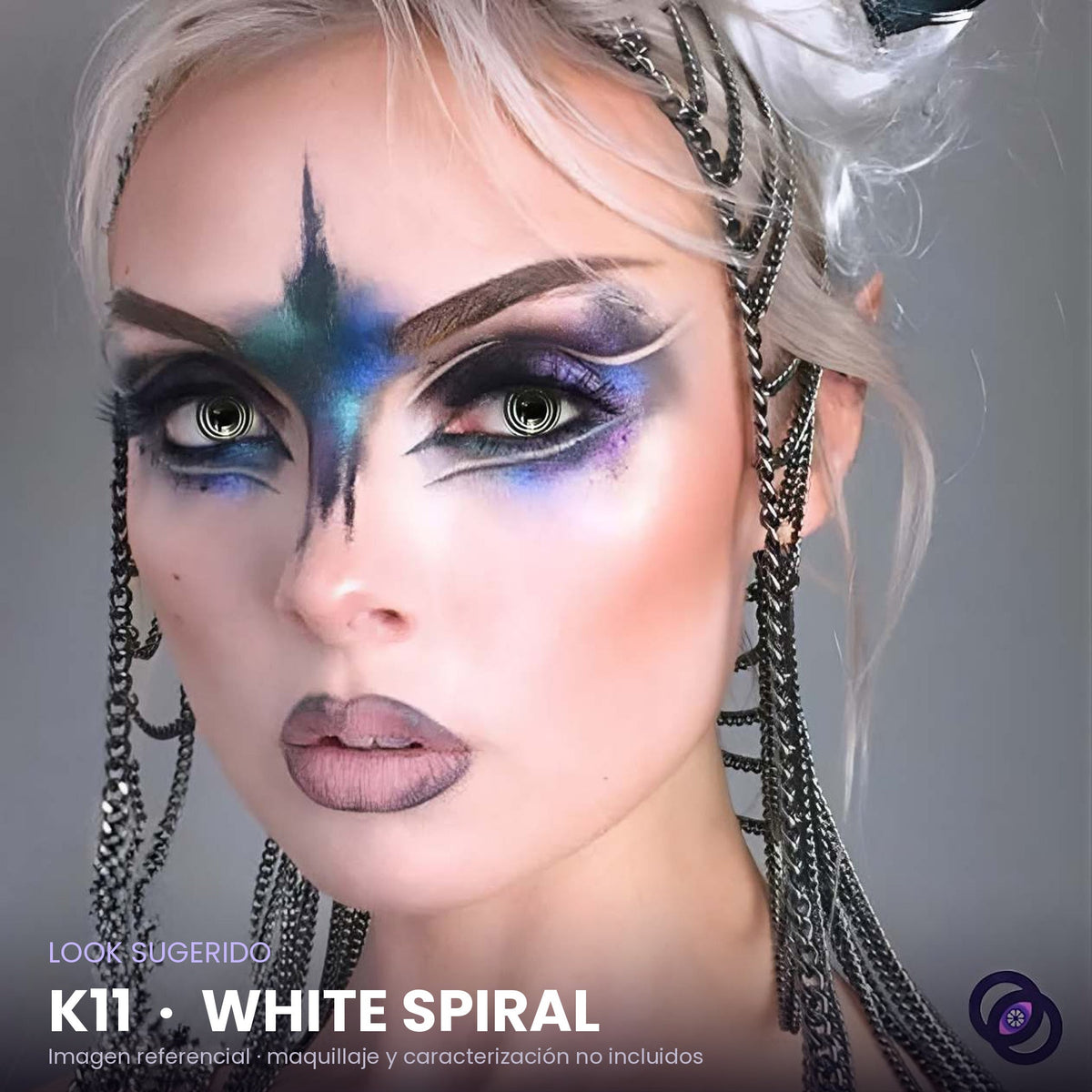 Look sugerido con pupilentes K11 White Spiral – imagen referencial