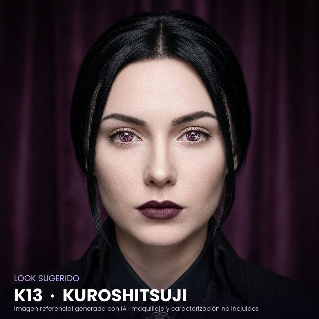 Look sugerido pupilentes Halloween K13 Kuroshitsuji – imagen referencial generada con IA – Qristalino México
