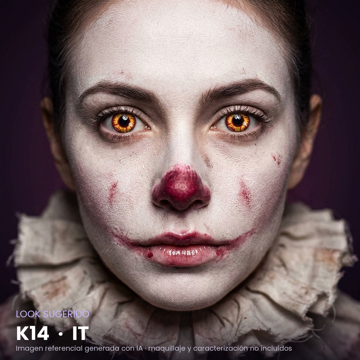 Look sugerido pupilentes Halloween K14 IT – imagen referencial generada con IA – Qristalino México