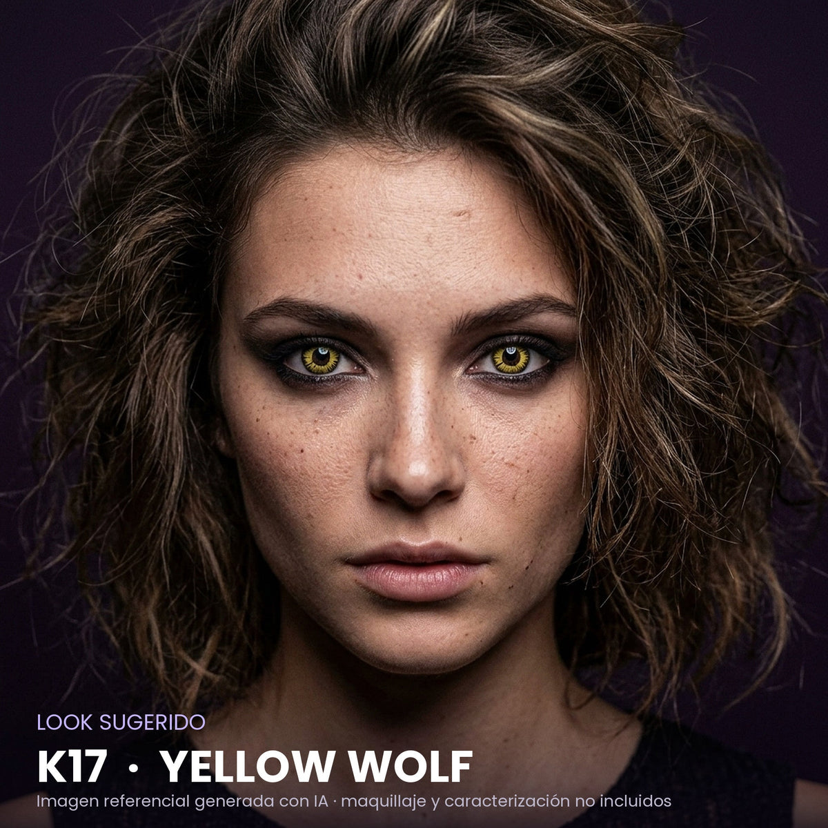 Look sugerido pupilentes Halloween K17 Yellow Wolf – imagen referencial generada con IA – Qristalino México