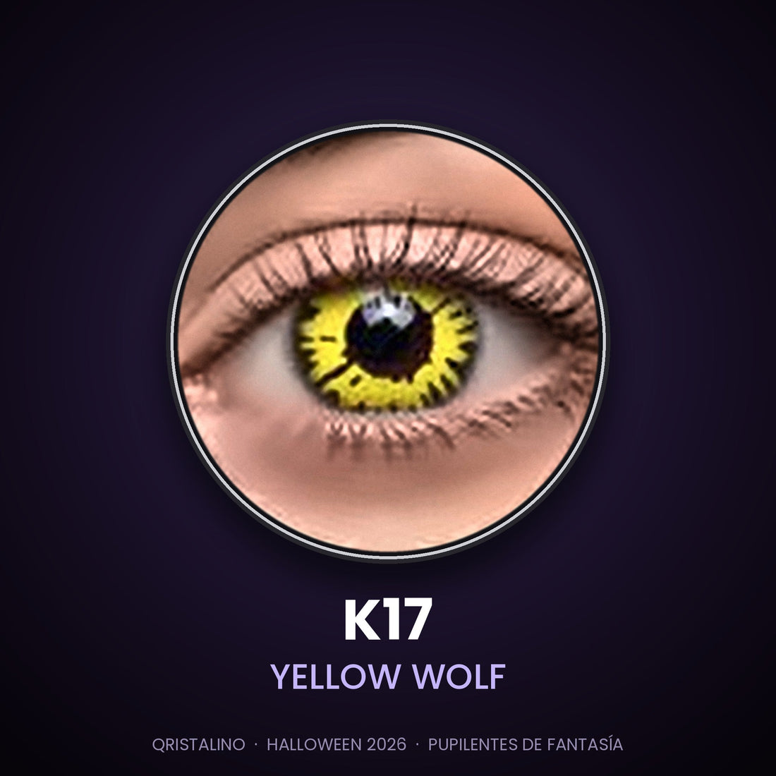 Look sugerido pupilentes Halloween K17 Yellow Wolf – imagen referencial generada con IA – Qristalino México