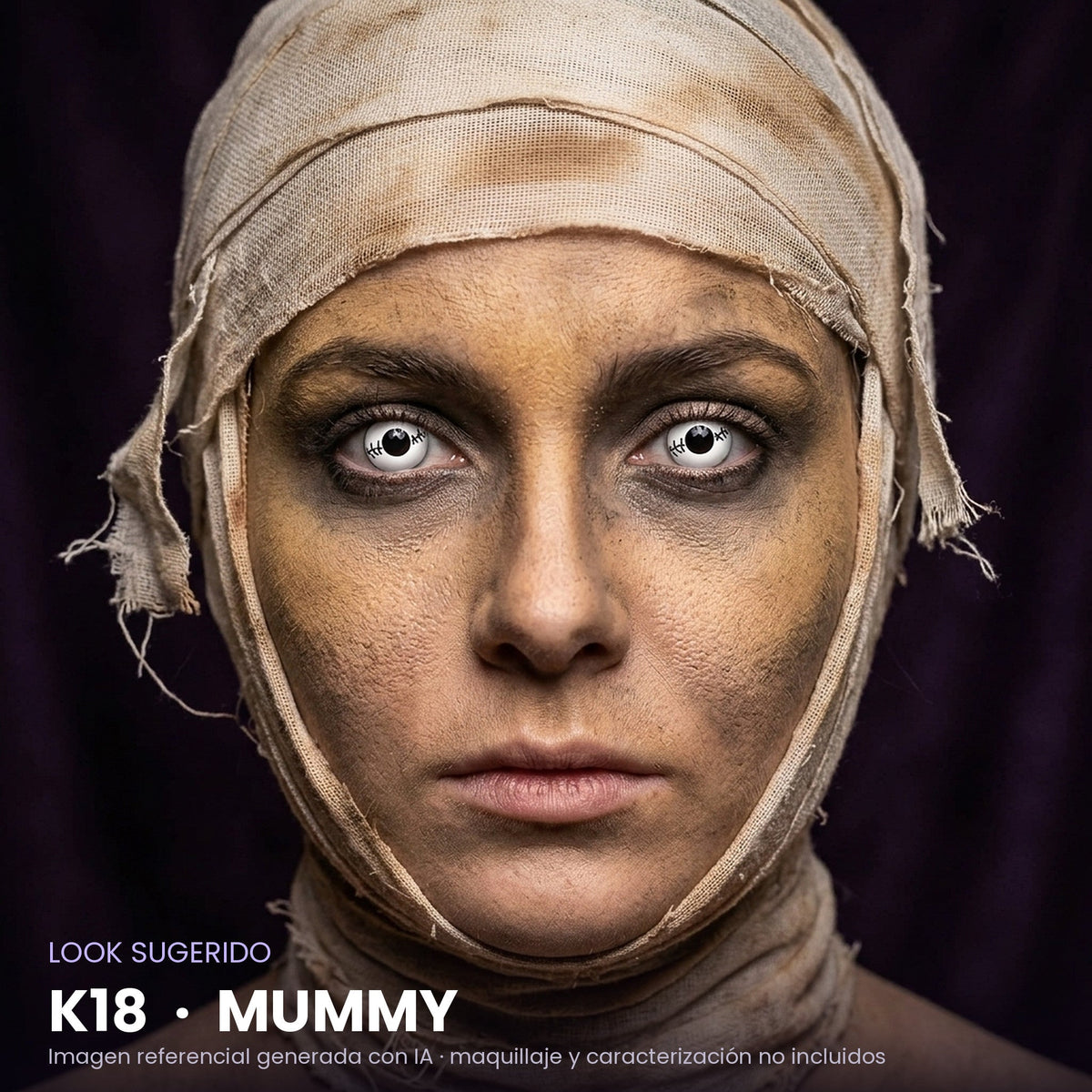 Look sugerido pupilentes Halloween K18 Mummy – imagen referencial generada con IA – Qristalino México