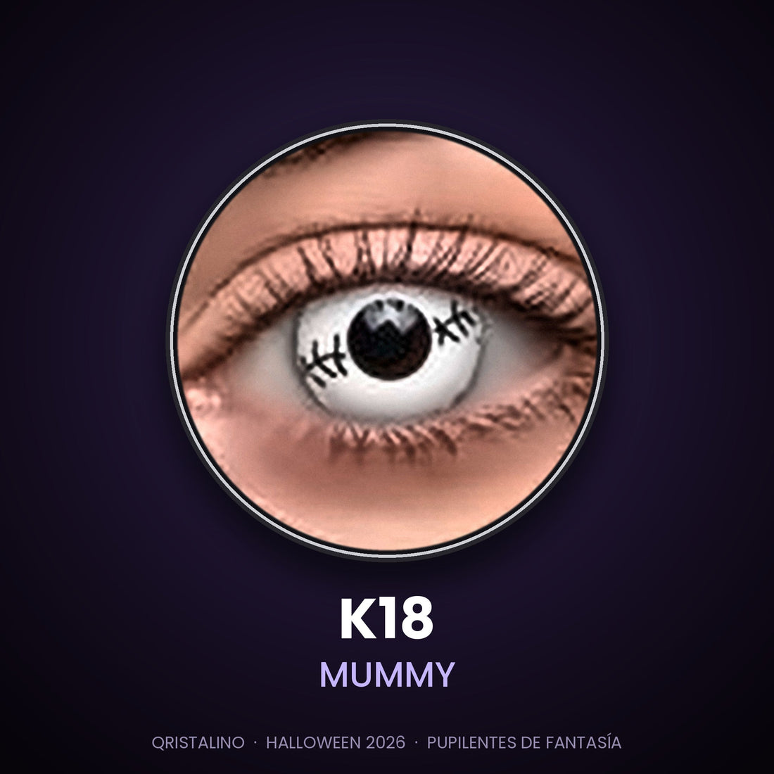 Look sugerido pupilentes Halloween K18 Mummy – imagen referencial generada con IA – Qristalino México
