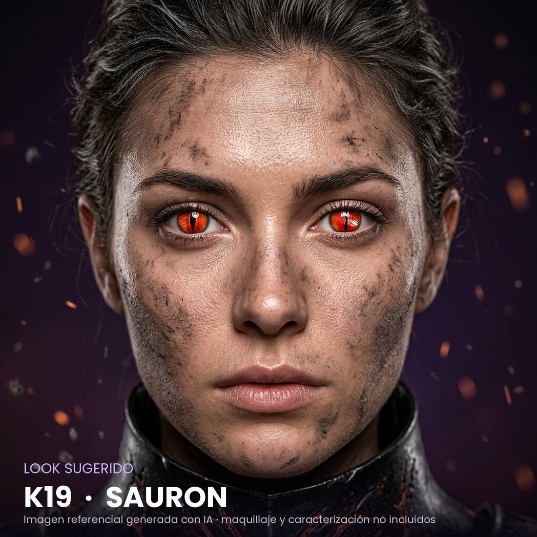 Look sugerido pupilentes Halloween K19 Sauron – imagen referencial generada con IA – Qristalino México