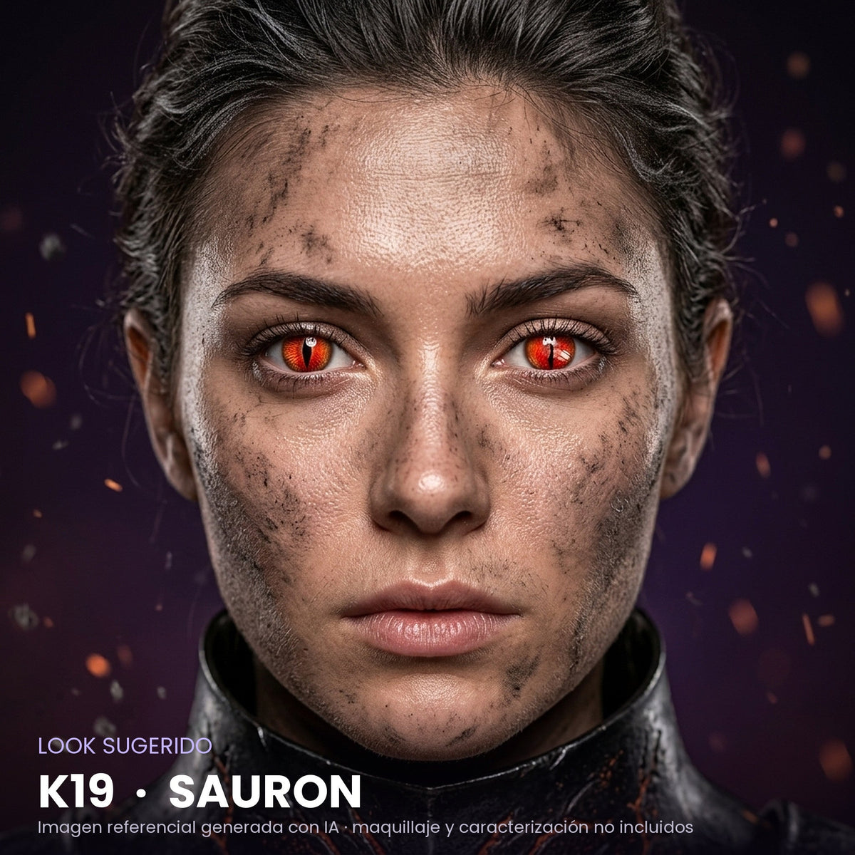 Look sugerido pupilentes Halloween K19 Sauron – imagen referencial generada con IA – Qristalino México