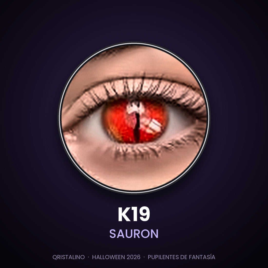 Look sugerido pupilentes Halloween K19 Sauron – imagen referencial generada con IA – Qristalino México