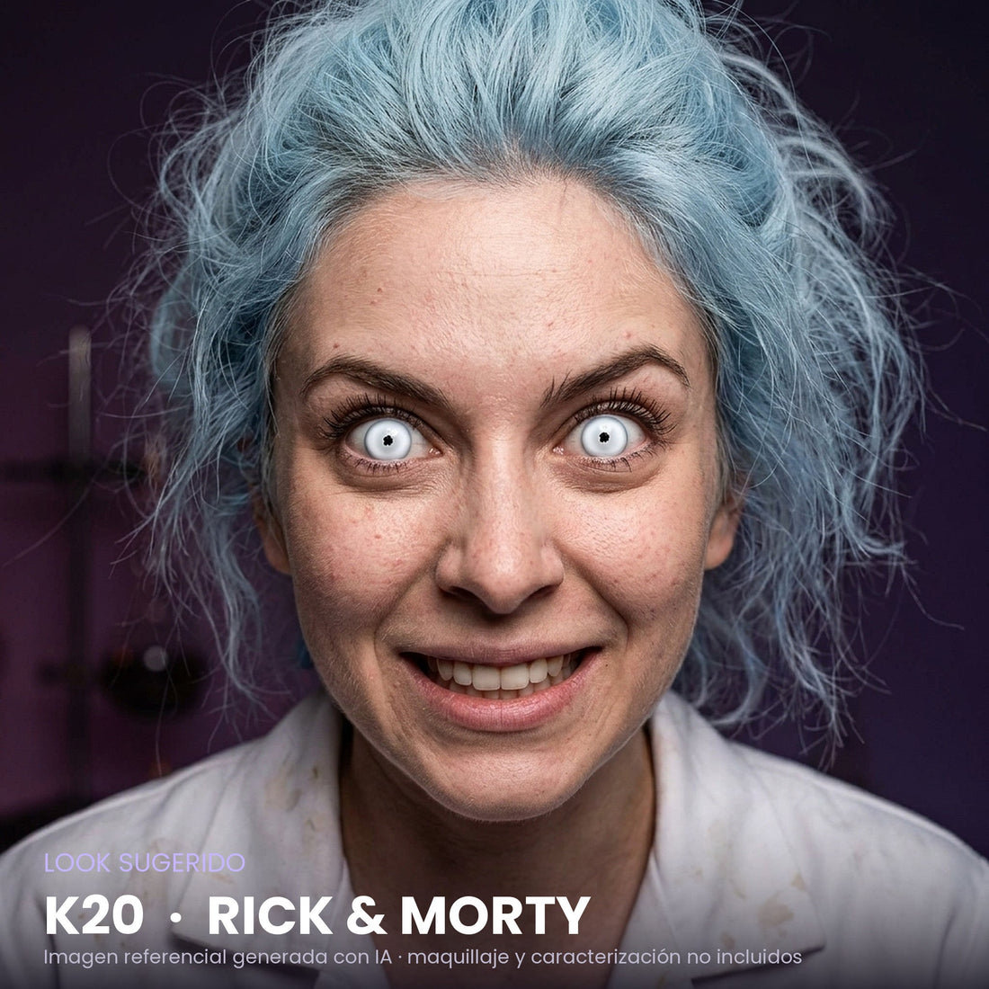Look sugerido pupilentes Halloween K20 Rick & Morty – imagen referencial generada con IA – Qristalino México