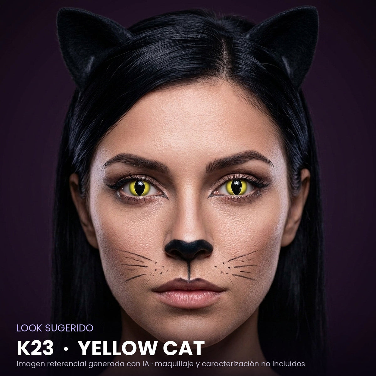 Look sugerido pupilentes Halloween K23 Yellow Cat – imagen referencial generada con IA – Qristalino México