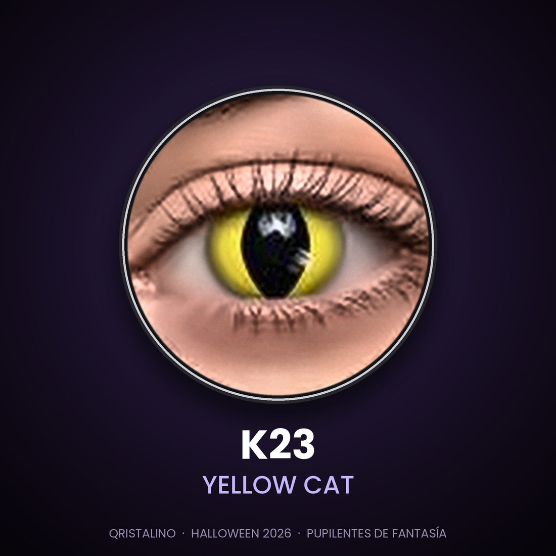 Look sugerido pupilentes Halloween K23 Yellow Cat – imagen referencial generada con IA – Qristalino México