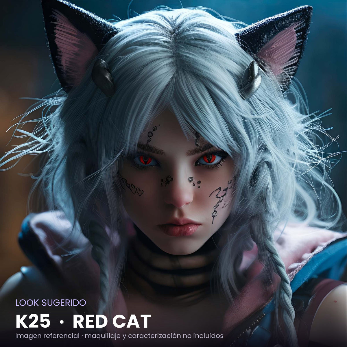 Look sugerido con pupilentes K25 Red Cat – imagen referencial