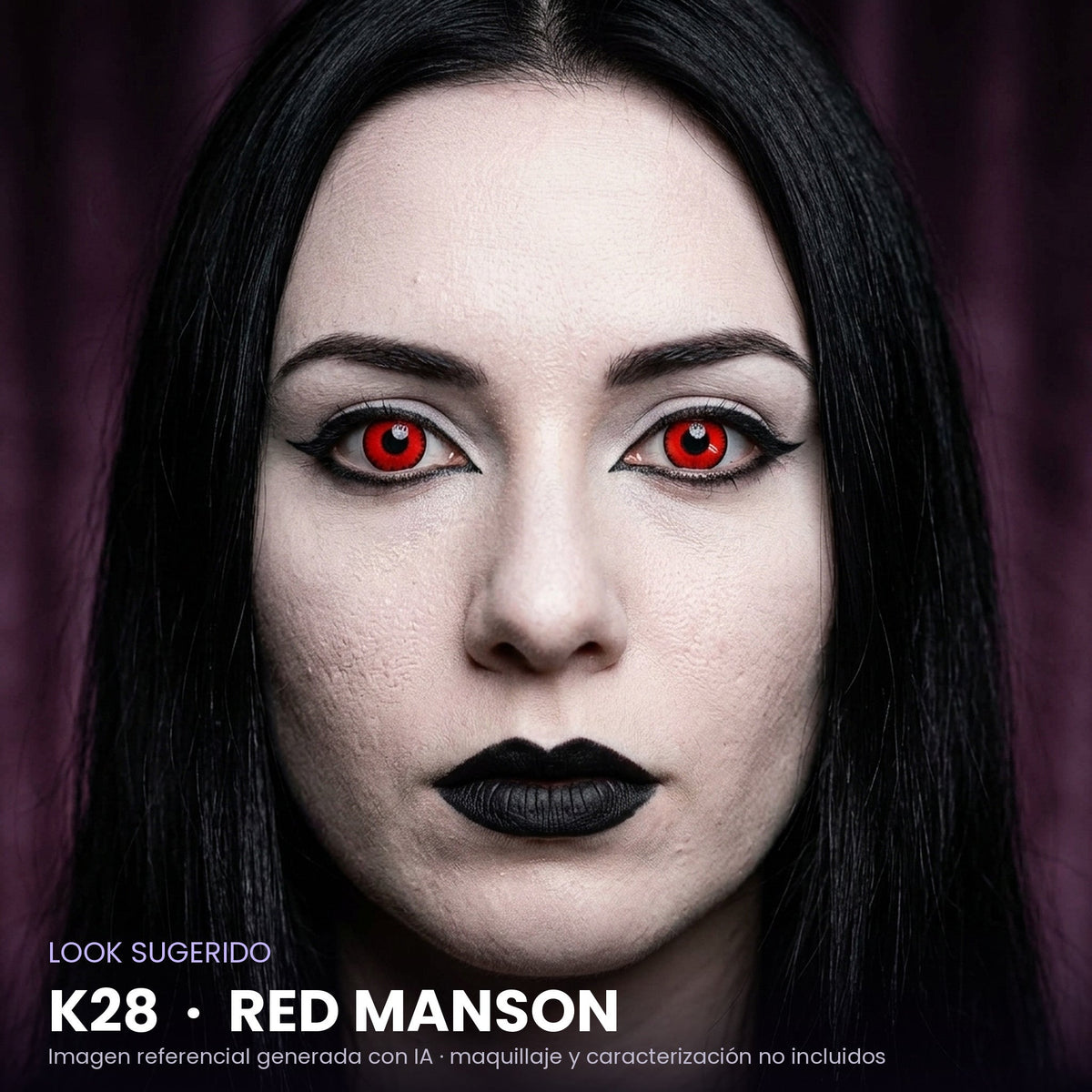 Look sugerido pupilentes Halloween K28 Red Manson – imagen referencial generada con IA – Qristalino México