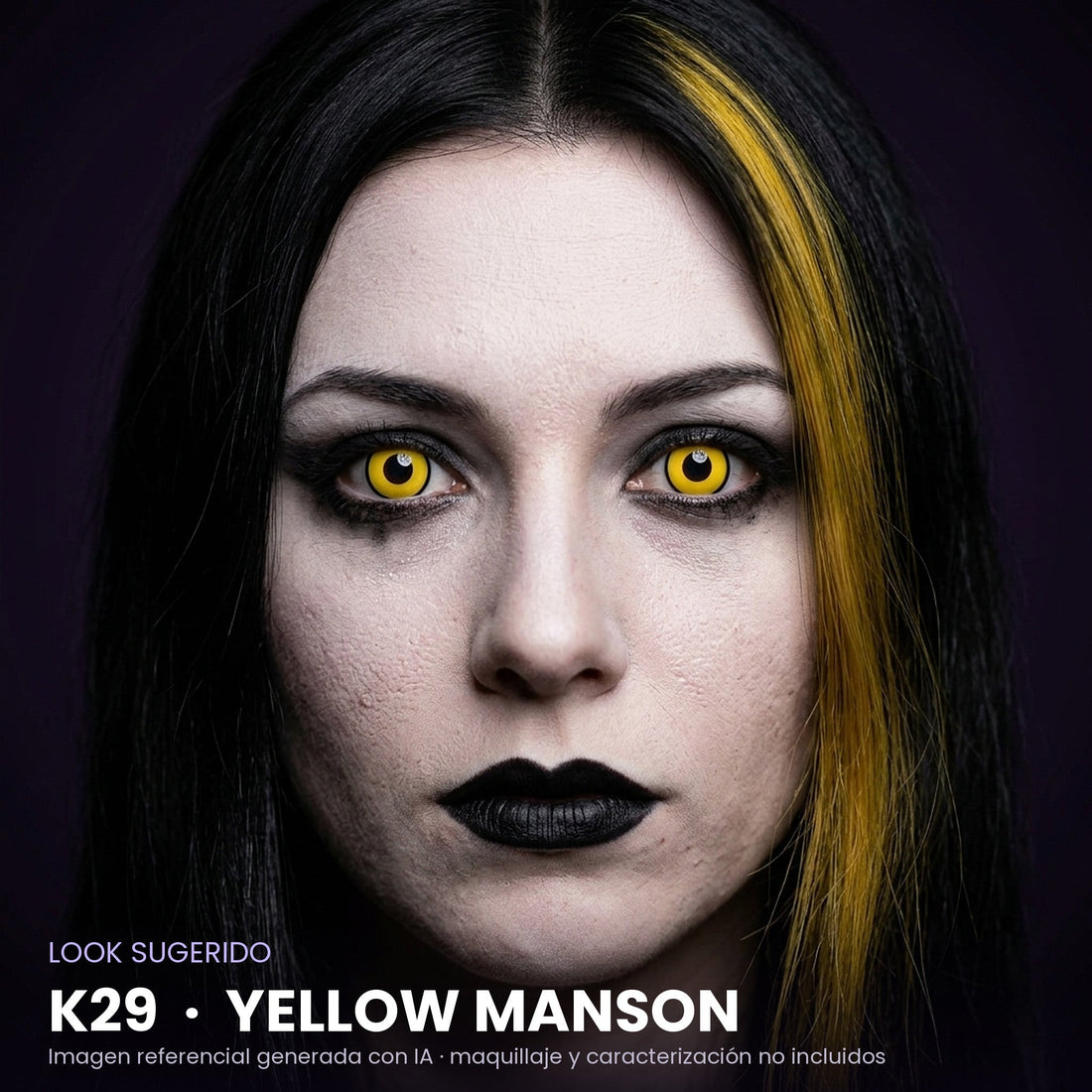 Look sugerido pupilentes Halloween K29 Yellow Manson – imagen referencial generada con IA – Qristalino México