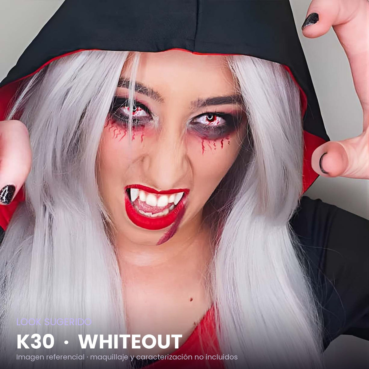 Look sugerido con pupilentes K30 Whiteout – imagen referencial