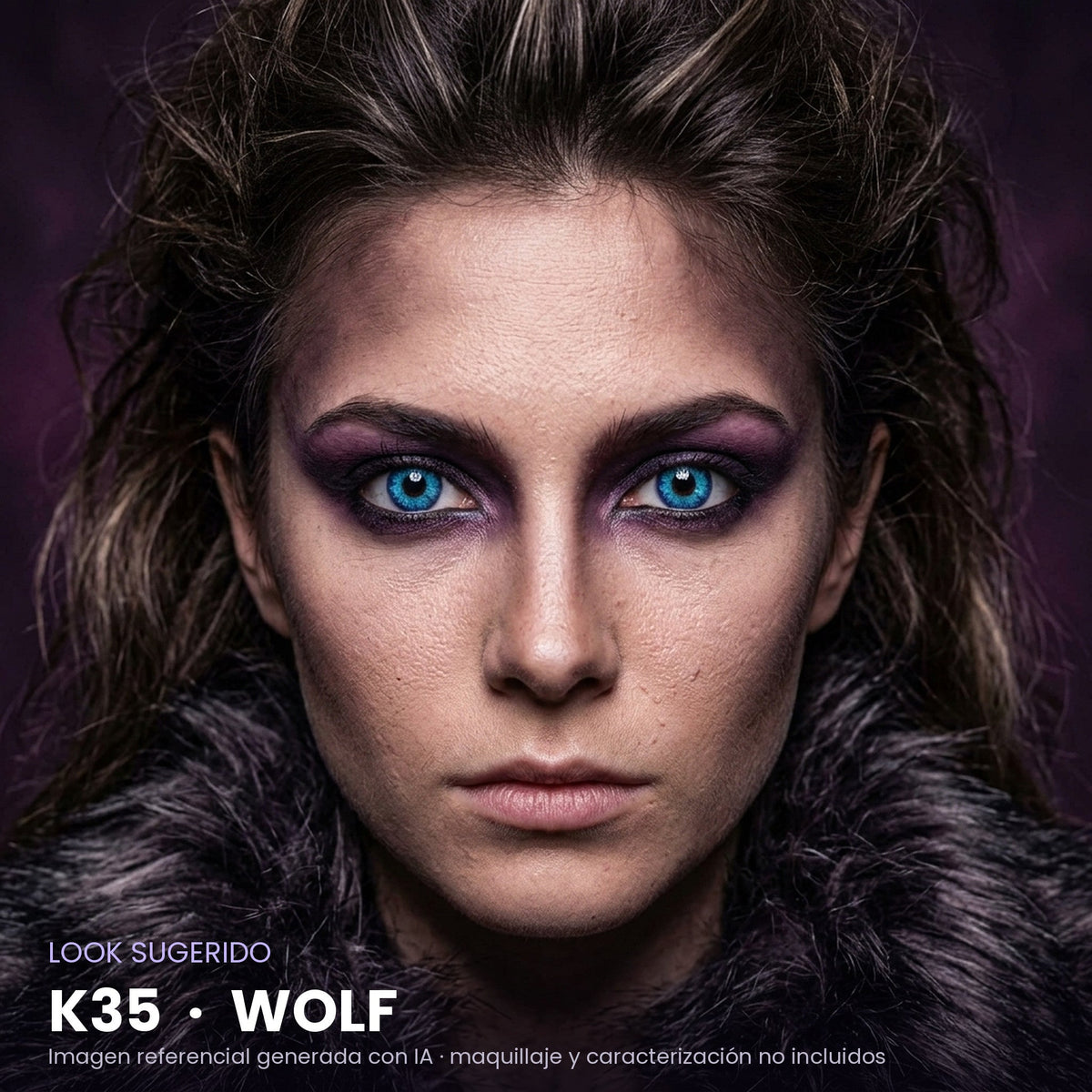 Look sugerido pupilentes Halloween K35 Wolf – imagen referencial generada con IA – Qristalino México