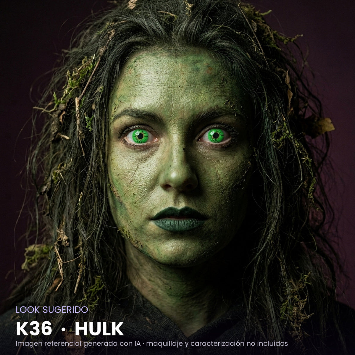 Look sugerido pupilentes Halloween K36 Hulk – imagen referencial generada con IA – Qristalino México