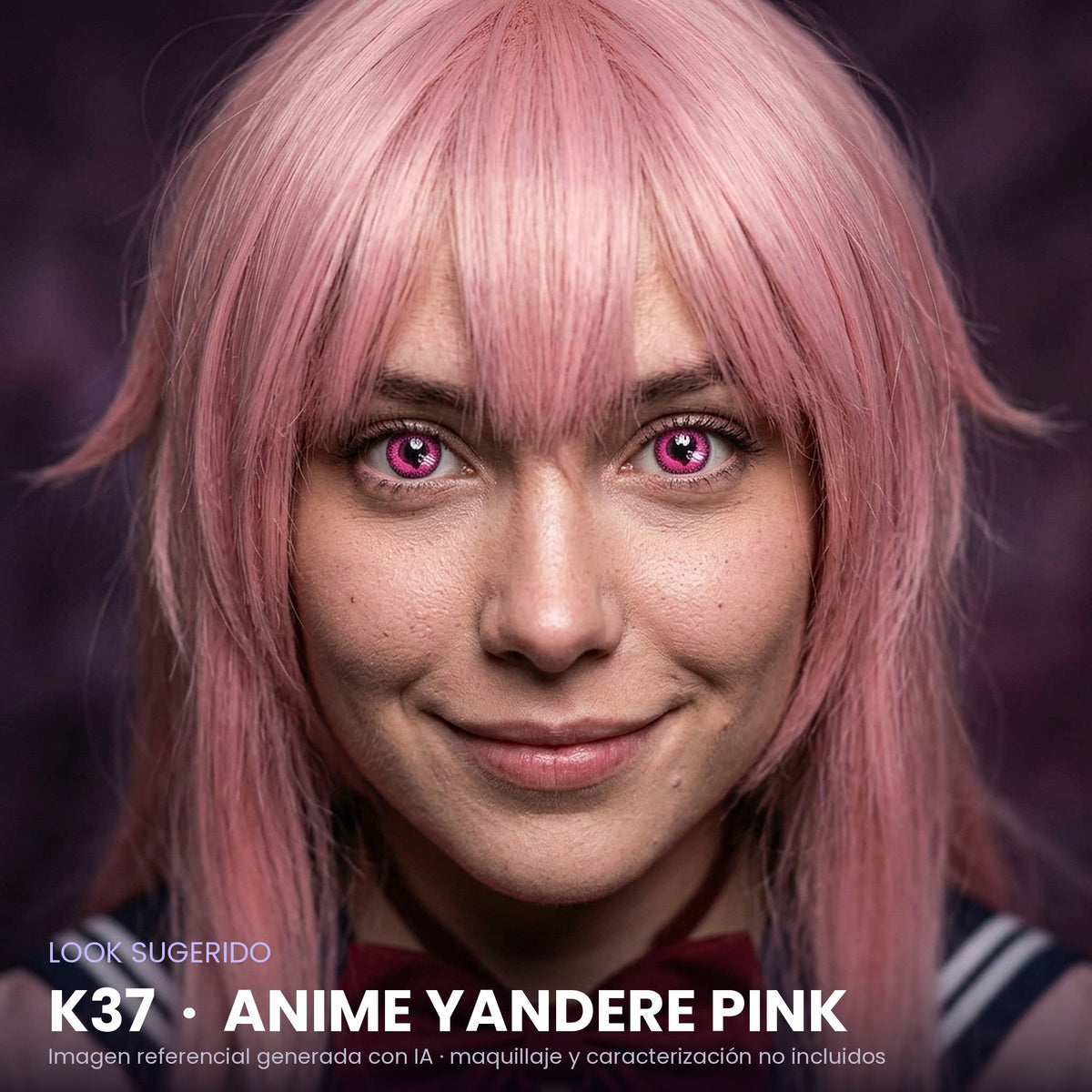 Look sugerido pupilentes Halloween K37 Anime Yandere Pink – imagen referencial generada con IA – Qristalino México
