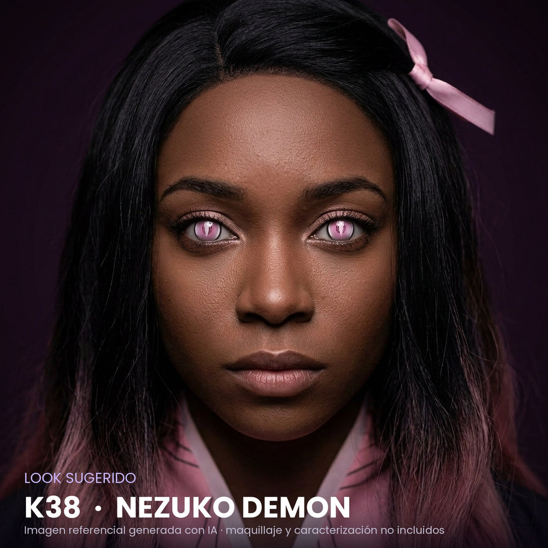 Look sugerido pupilentes Halloween K38 Nezuko Demon – imagen referencial generada con IA – Qristalino México