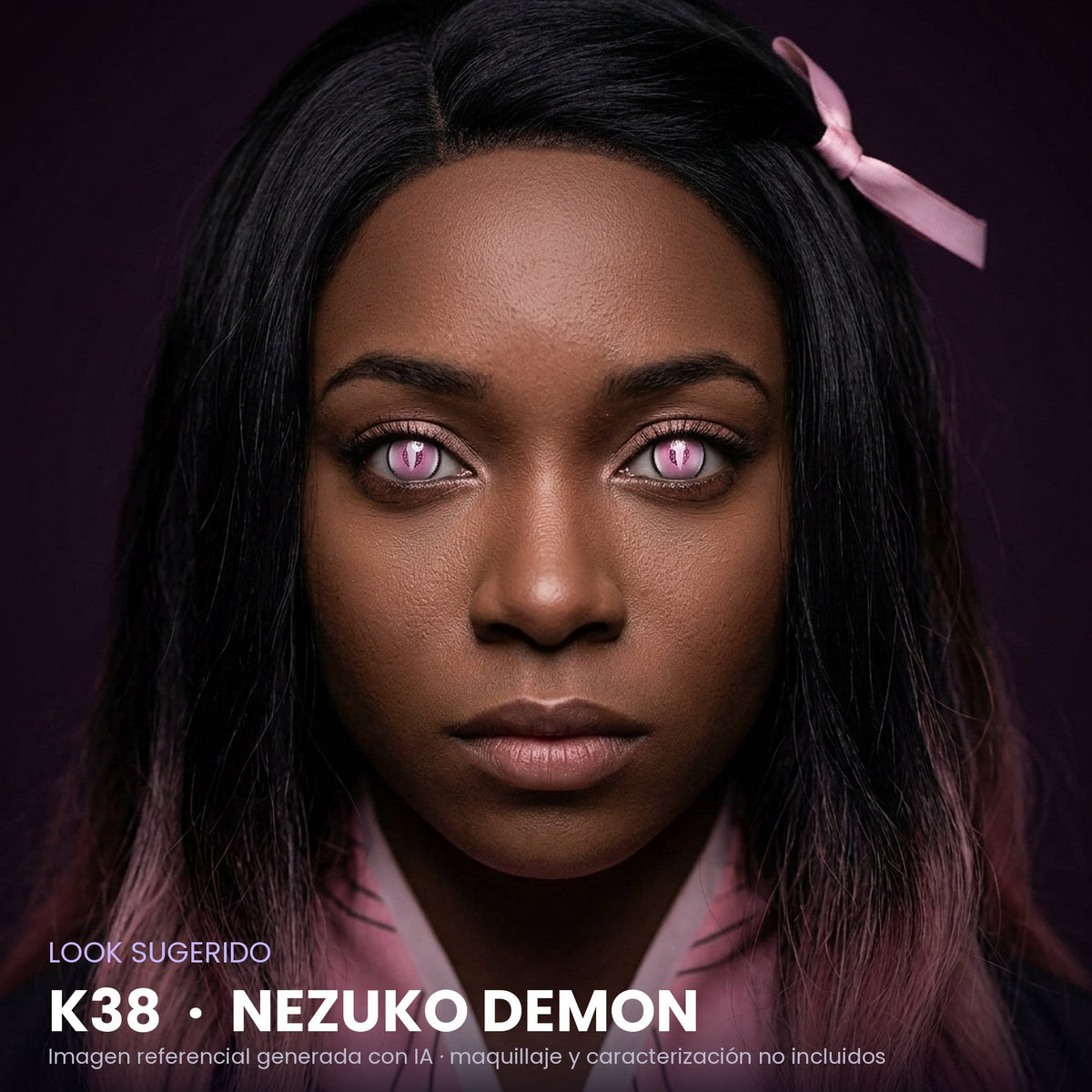 Look sugerido pupilentes Halloween K38 Nezuko Demon – imagen referencial generada con IA – Qristalino México