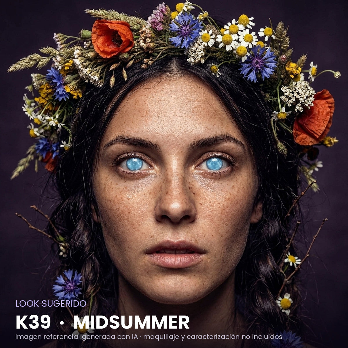 Look sugerido pupilentes Halloween K39 Midsummer – imagen referencial generada con IA – Qristalino México