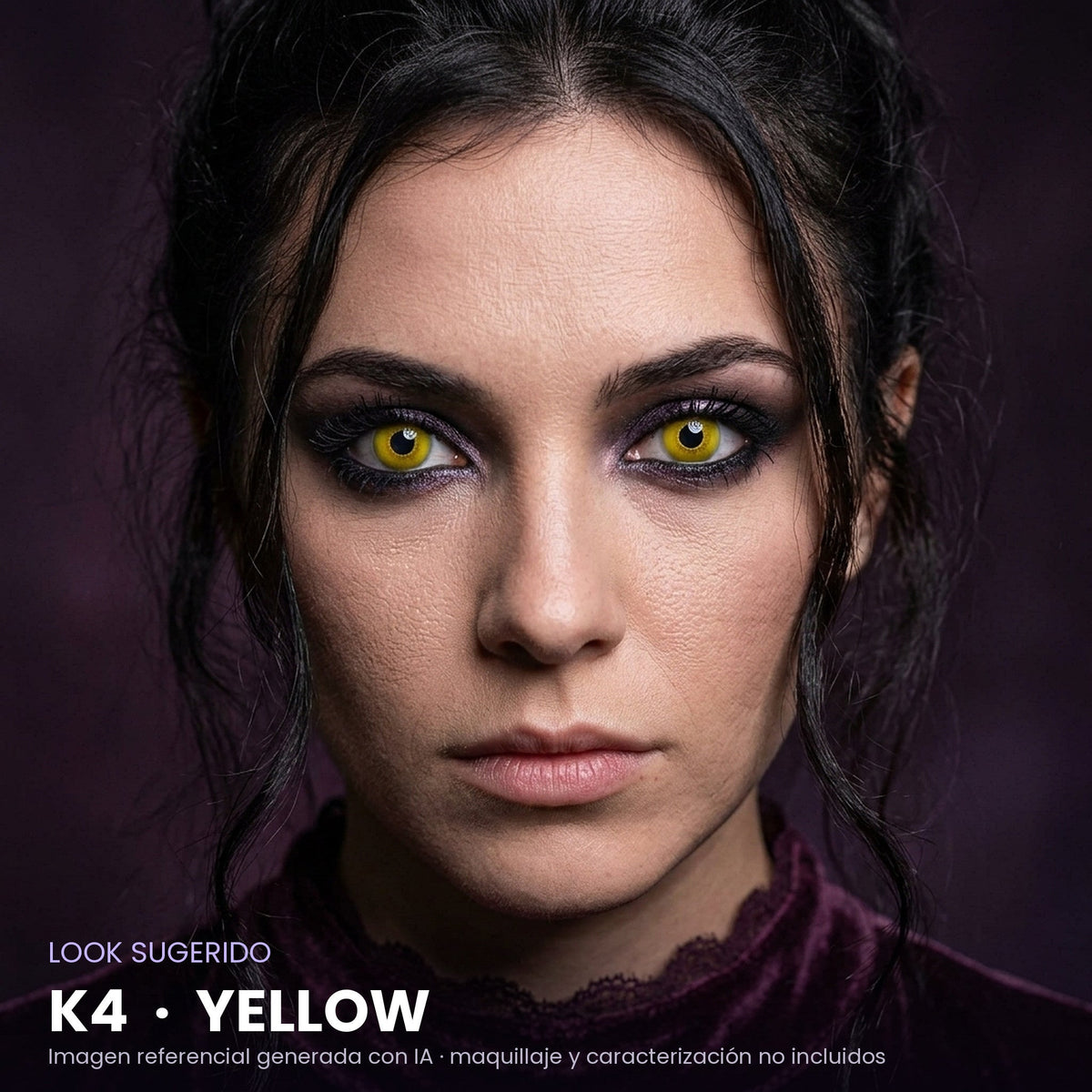 Look sugerido pupilentes Halloween K4 Yellow – imagen referencial generada con IA – Qristalino México
