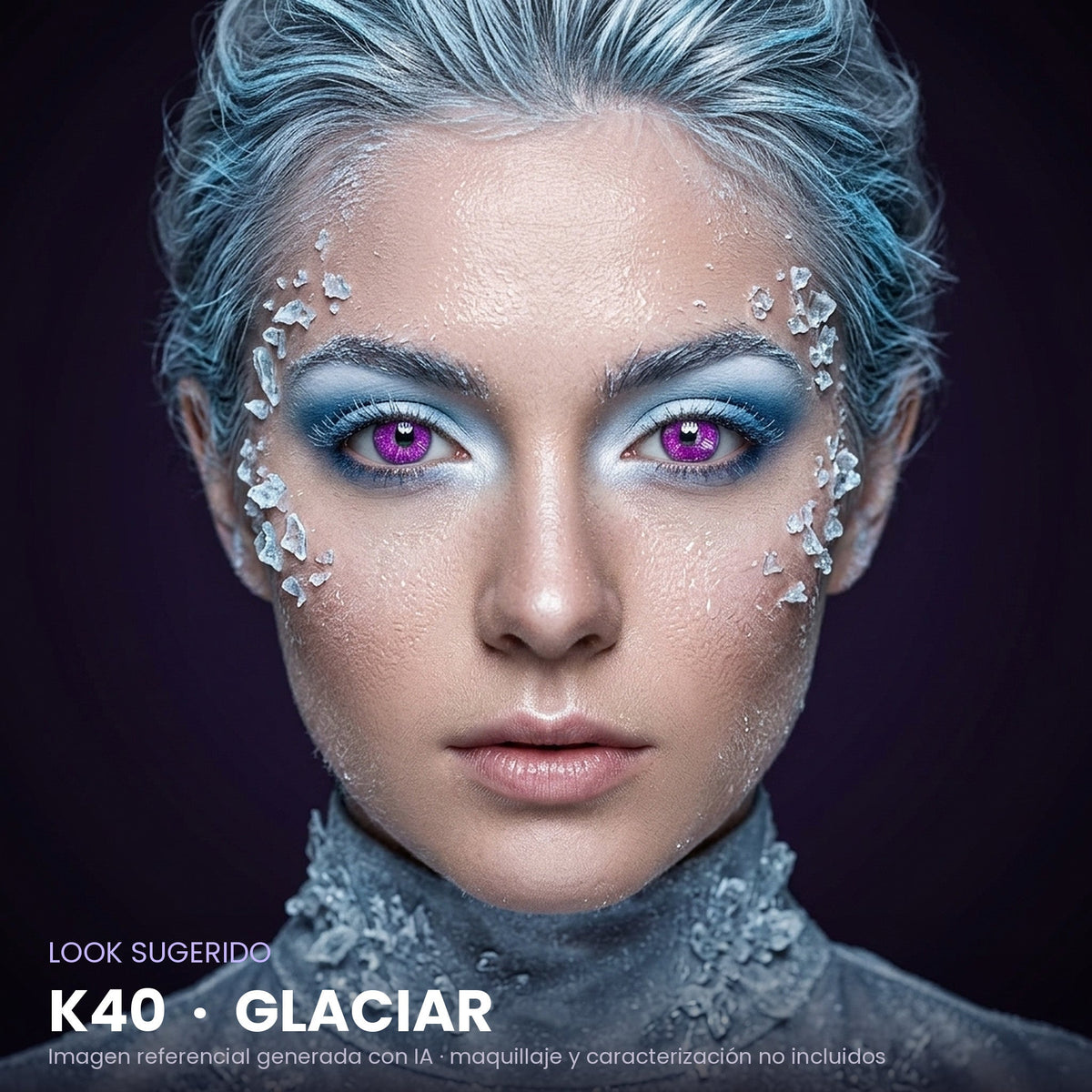 Look sugerido pupilentes Halloween K40 Glaciar – imagen referencial generada con IA – Qristalino México
