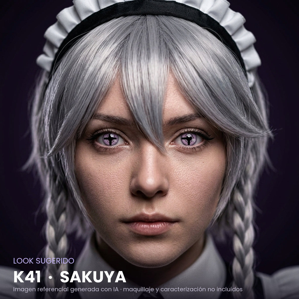 Look sugerido pupilentes Halloween K41 Sakuya – imagen referencial generada con IA – Qristalino México