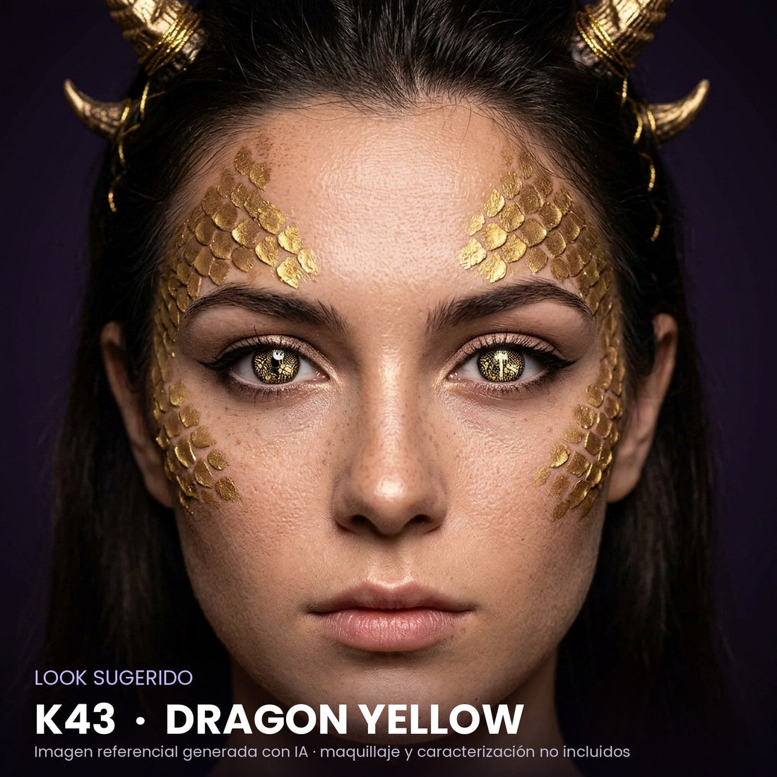 Look sugerido pupilentes Halloween K43 Dragon Yellow – imagen referencial generada con IA – Qristalino México