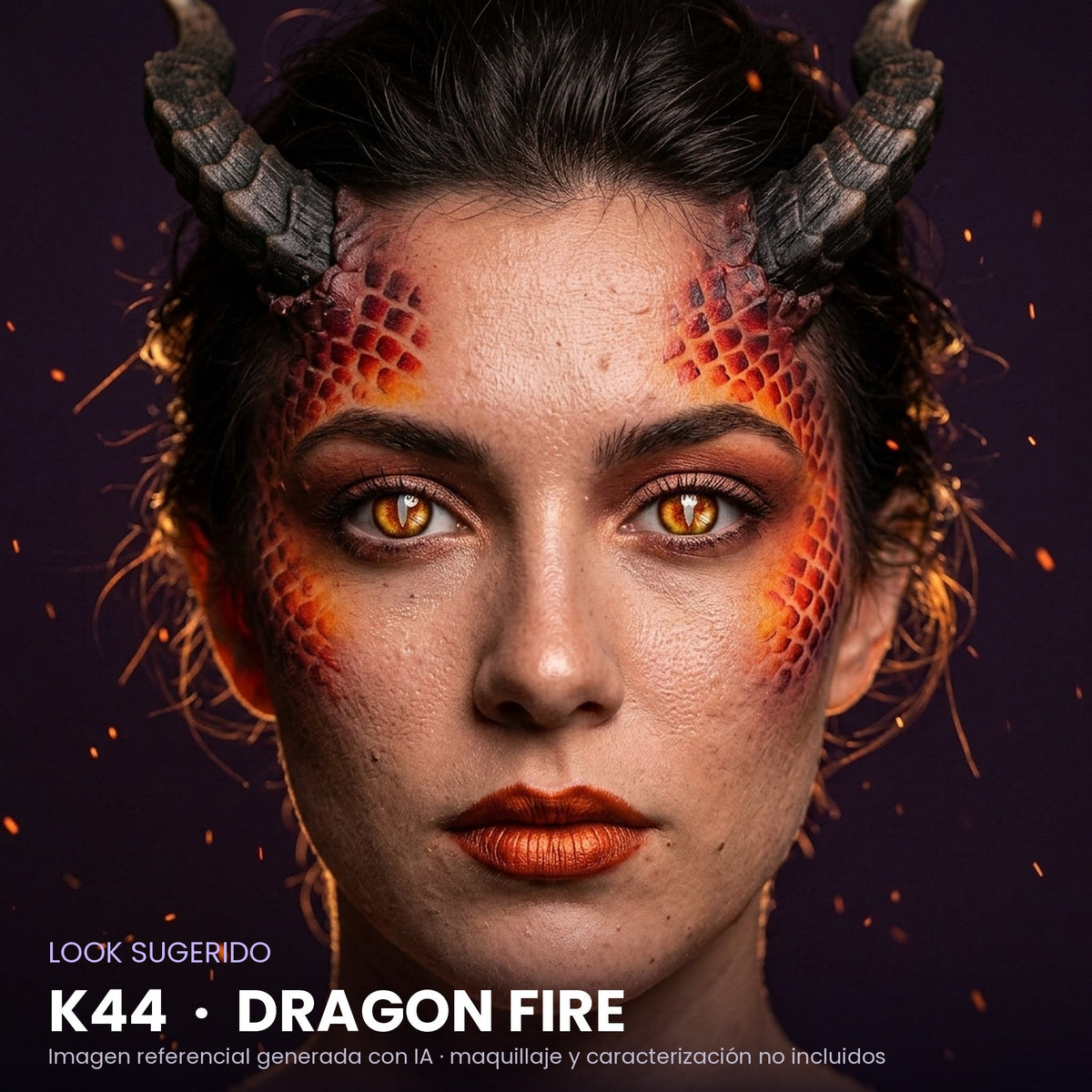 Look sugerido pupilentes Halloween K44 Dragon Fire – imagen referencial generada con IA – Qristalino México