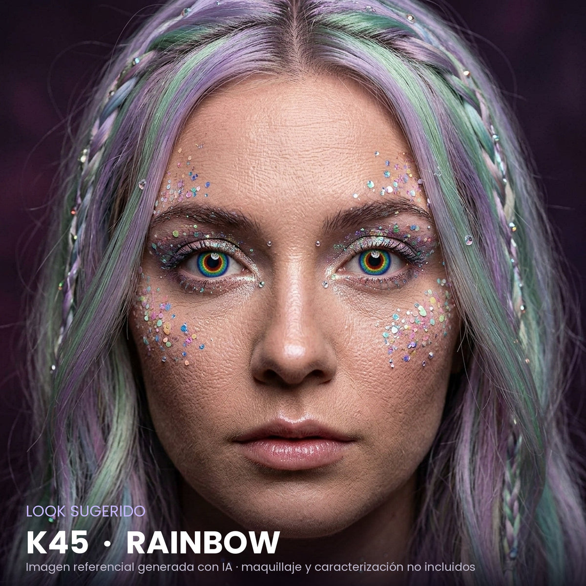 Look sugerido pupilentes Halloween K45 Rainbow – imagen referencial generada con IA – Qristalino México