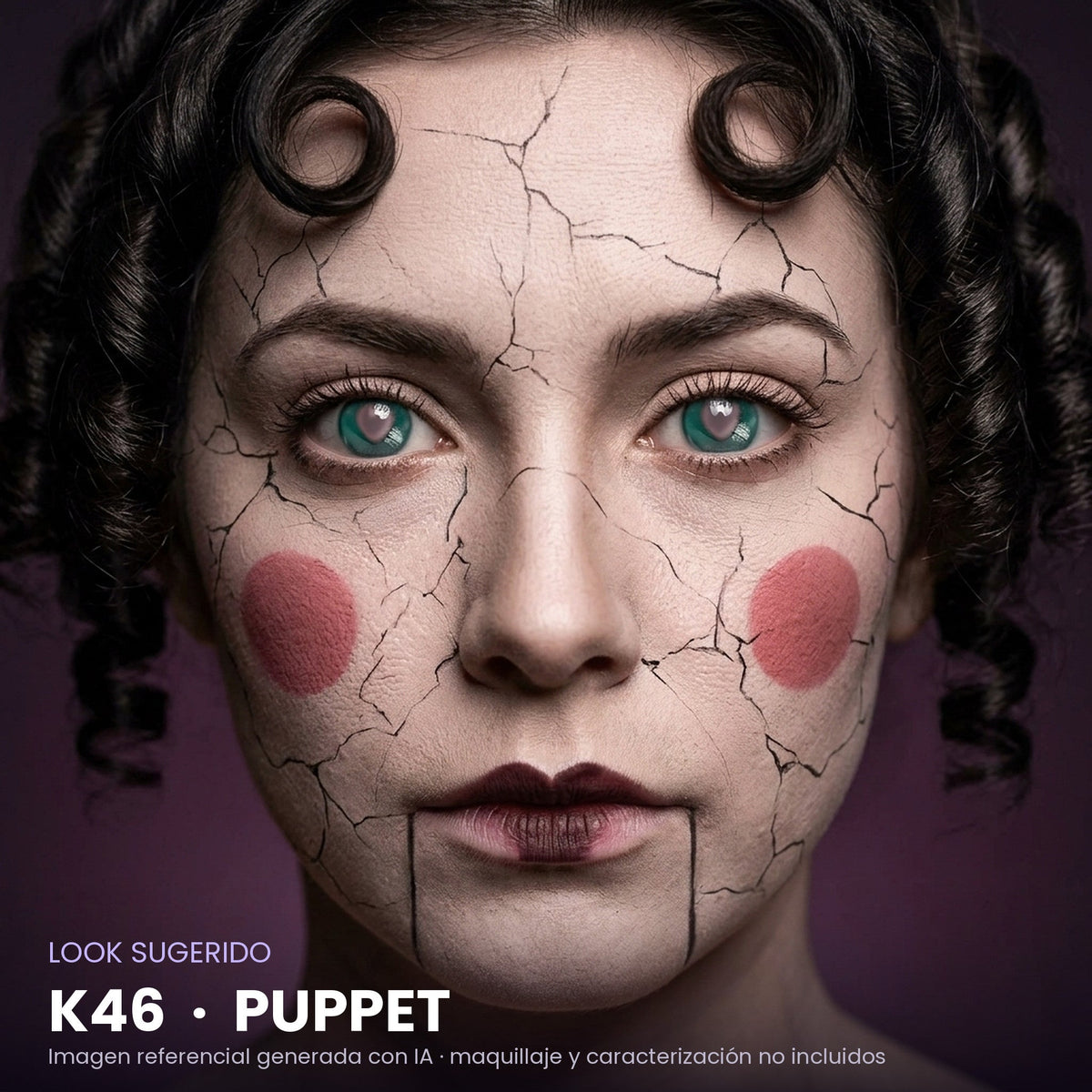 Look sugerido pupilentes Halloween K46 Puppet – imagen referencial generada con IA – Qristalino México