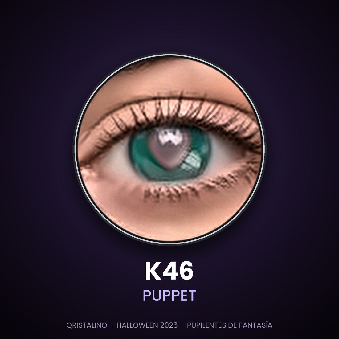 Look sugerido pupilentes Halloween K46 Puppet – imagen referencial generada con IA – Qristalino México