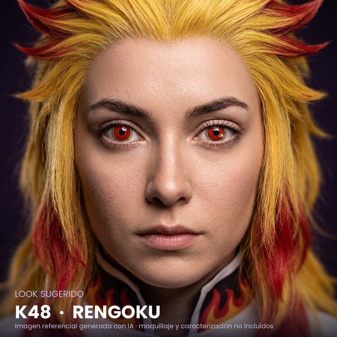 Look sugerido pupilentes Halloween K48 Rengoku – imagen referencial generada con IA – Qristalino México