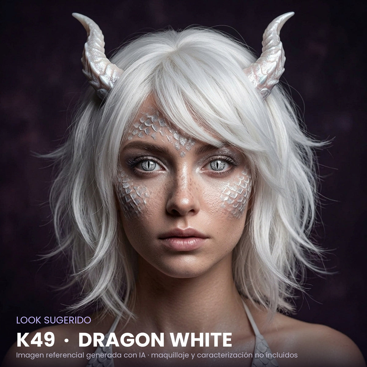 Look sugerido pupilentes Halloween K49 Dragon White – imagen referencial generada con IA – Qristalino México