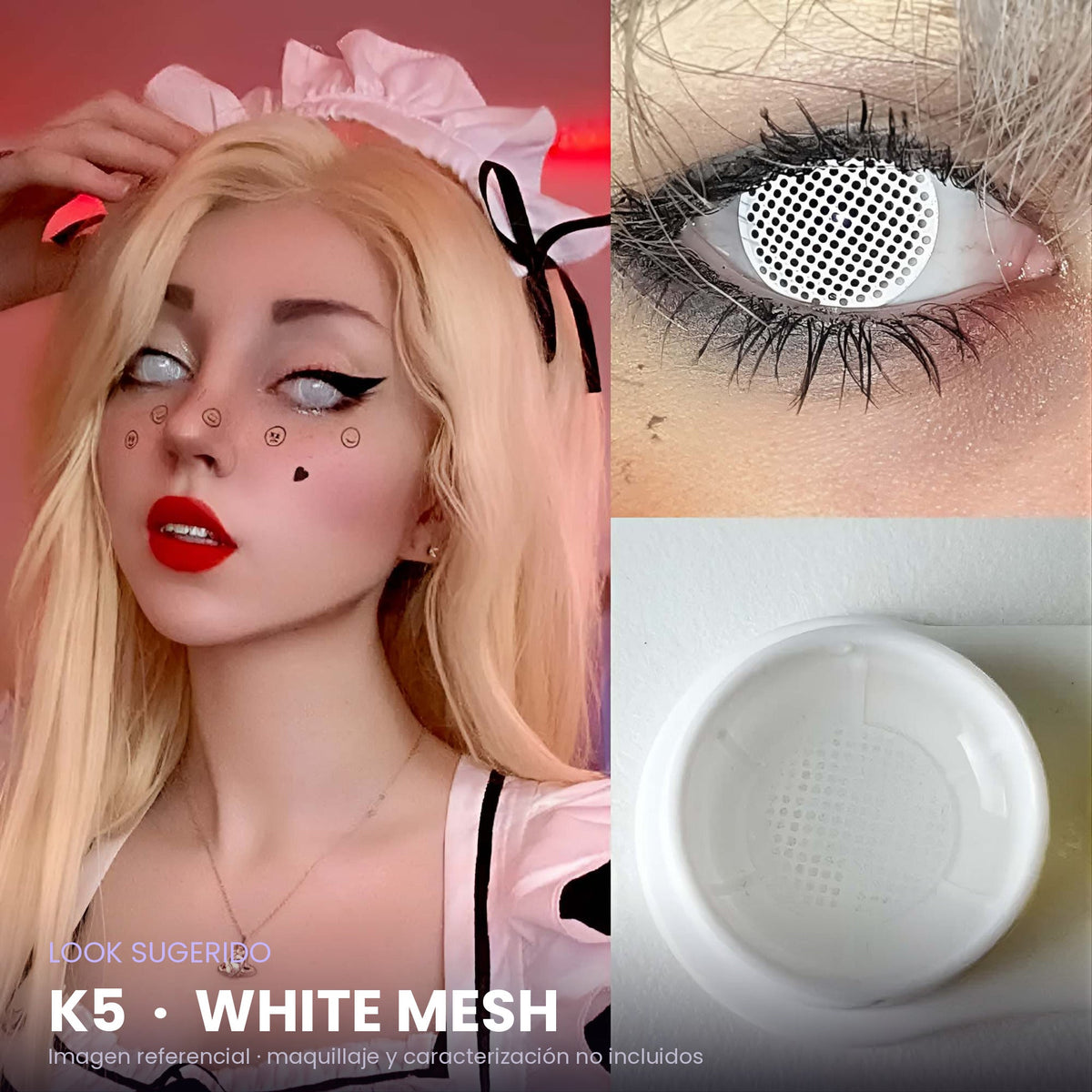Look sugerido con pupilentes K5 White Mesh – imagen referencial