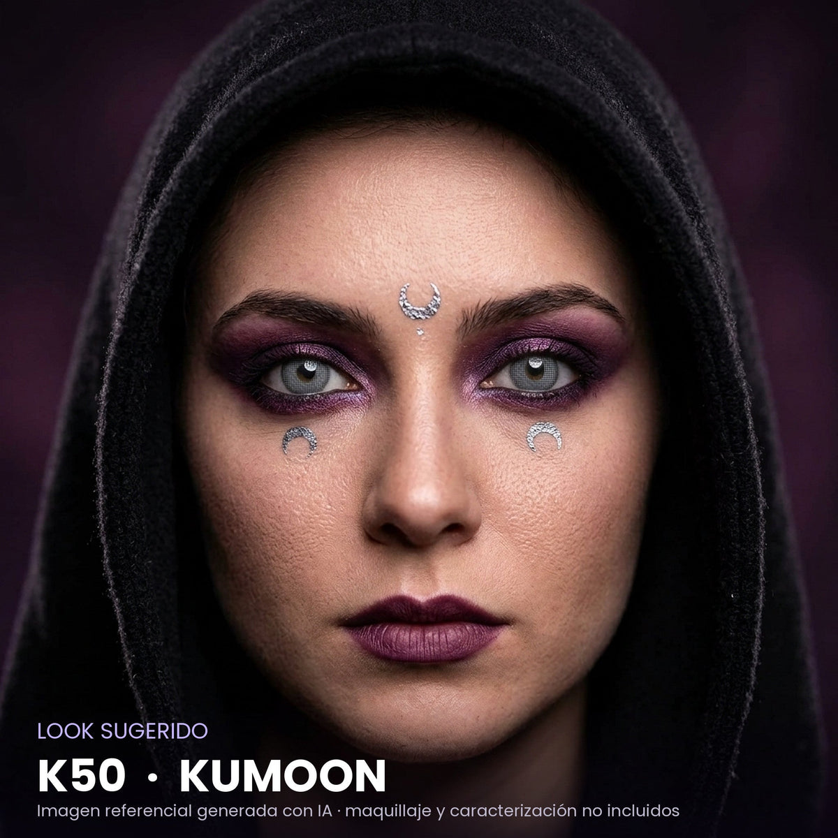 Look sugerido pupilentes Halloween K50 Kumoon – imagen referencial generada con IA – Qristalino México