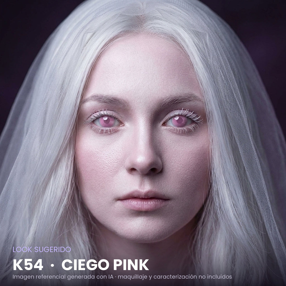 Look sugerido pupilentes Halloween K54 Ciego Pink – imagen referencial generada con IA – Qristalino México