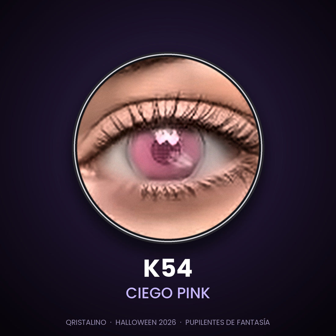 Look sugerido pupilentes Halloween K54 Ciego Pink – imagen referencial generada con IA – Qristalino México