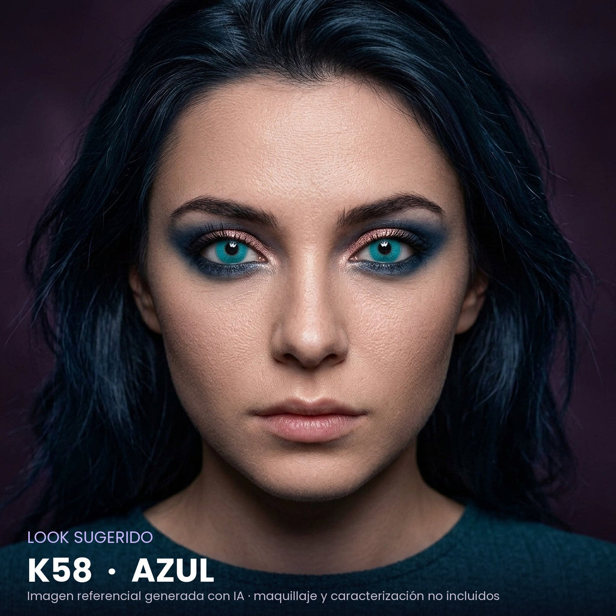 Look sugerido pupilentes Halloween K58 Azul – imagen referencial generada con IA – Qristalino México