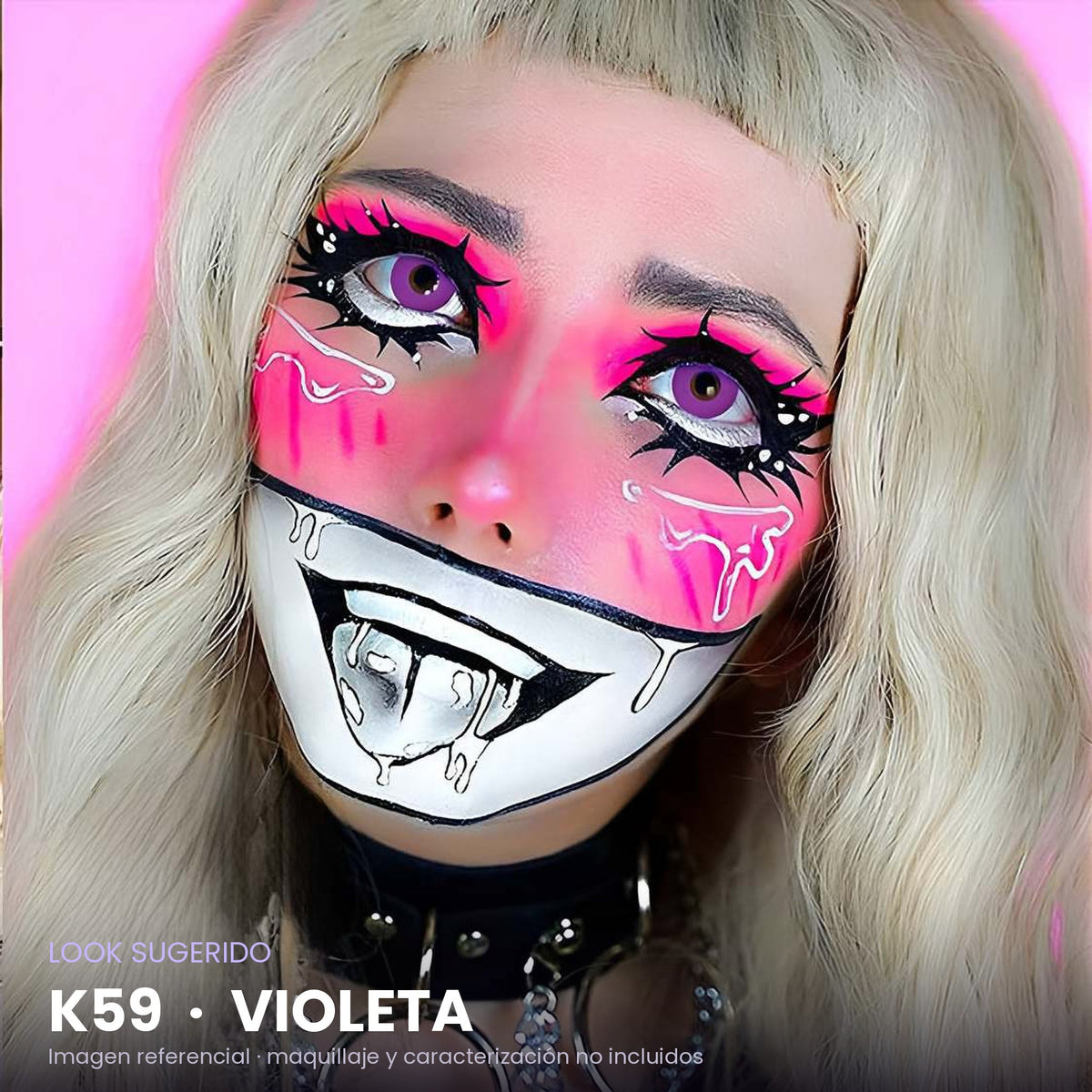 Look sugerido con pupilentes K59 Violeta – imagen referencial