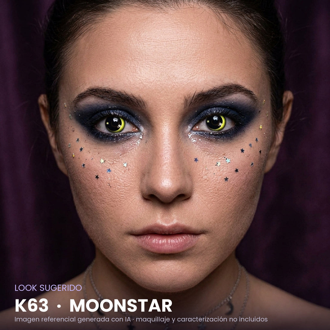 Look sugerido pupilentes Halloween K63 Moonstar – imagen referencial generada con IA – Qristalino México