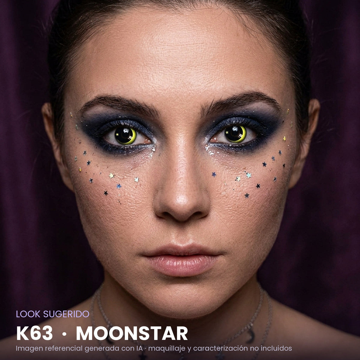 Look sugerido pupilentes Halloween K63 Moonstar – imagen referencial generada con IA – Qristalino México