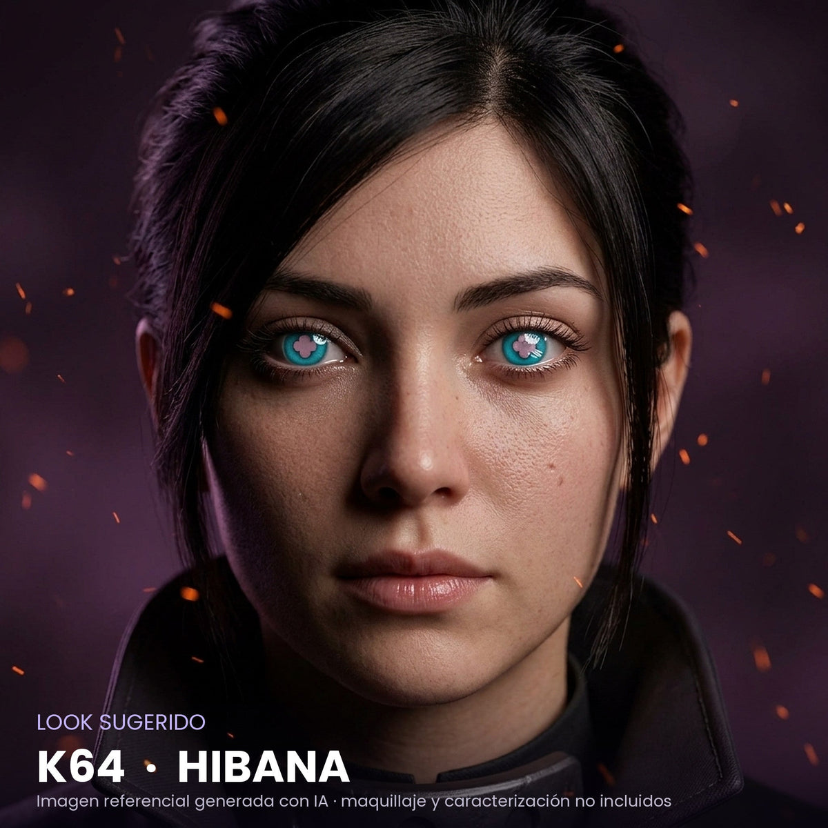 Look sugerido pupilentes Halloween K64 Hibana – imagen referencial generada con IA – Qristalino México
