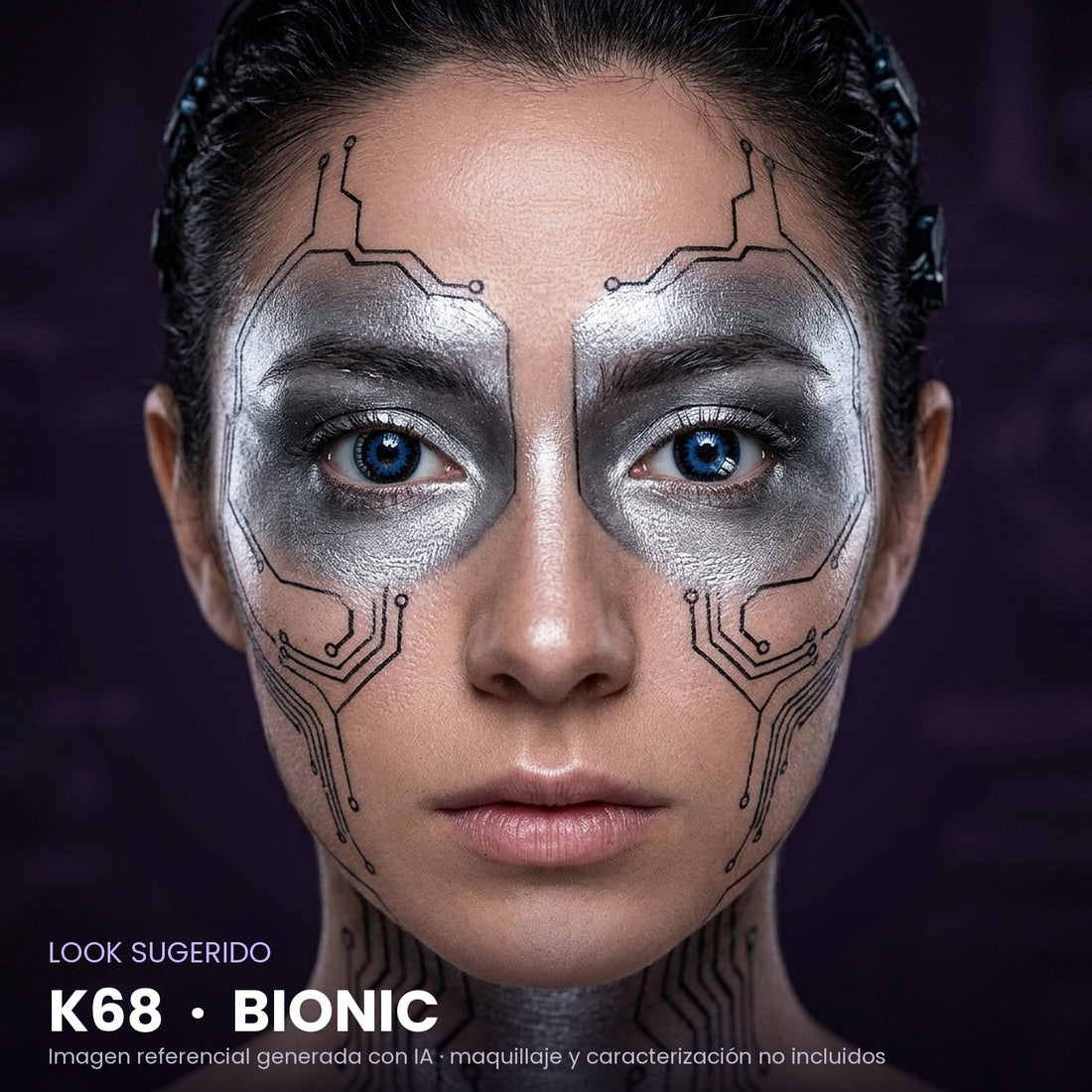 Look sugerido pupilentes Halloween K68 Bionic – imagen referencial generada con IA – Qristalino México