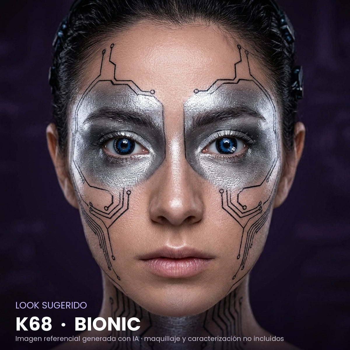 Look sugerido pupilentes Halloween K68 Bionic – imagen referencial generada con IA – Qristalino México