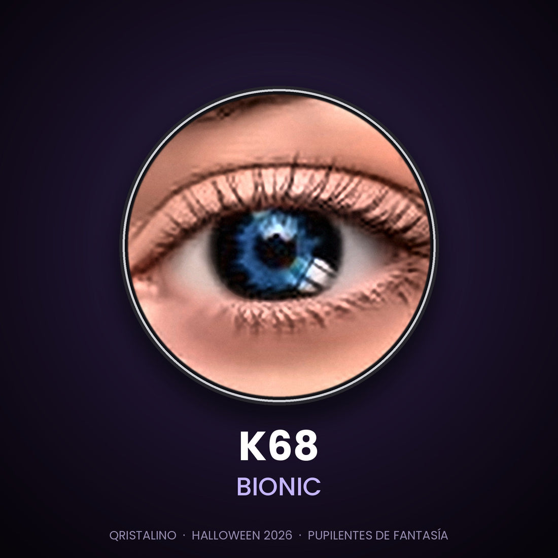 Look sugerido pupilentes Halloween K68 Bionic – imagen referencial generada con IA – Qristalino México