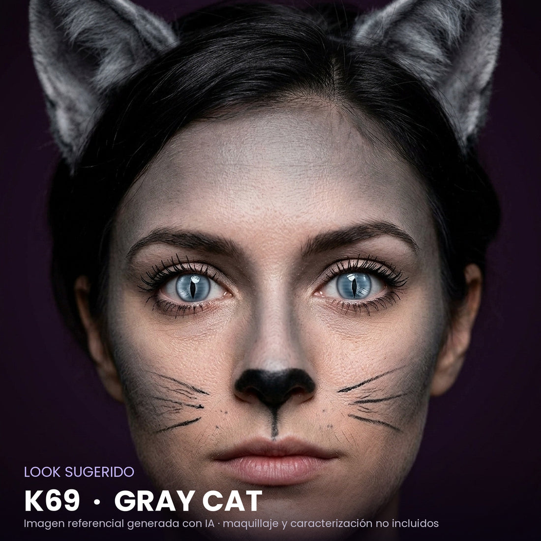 Look sugerido pupilentes Halloween K69 Gray Cat – imagen referencial generada con IA – Qristalino México