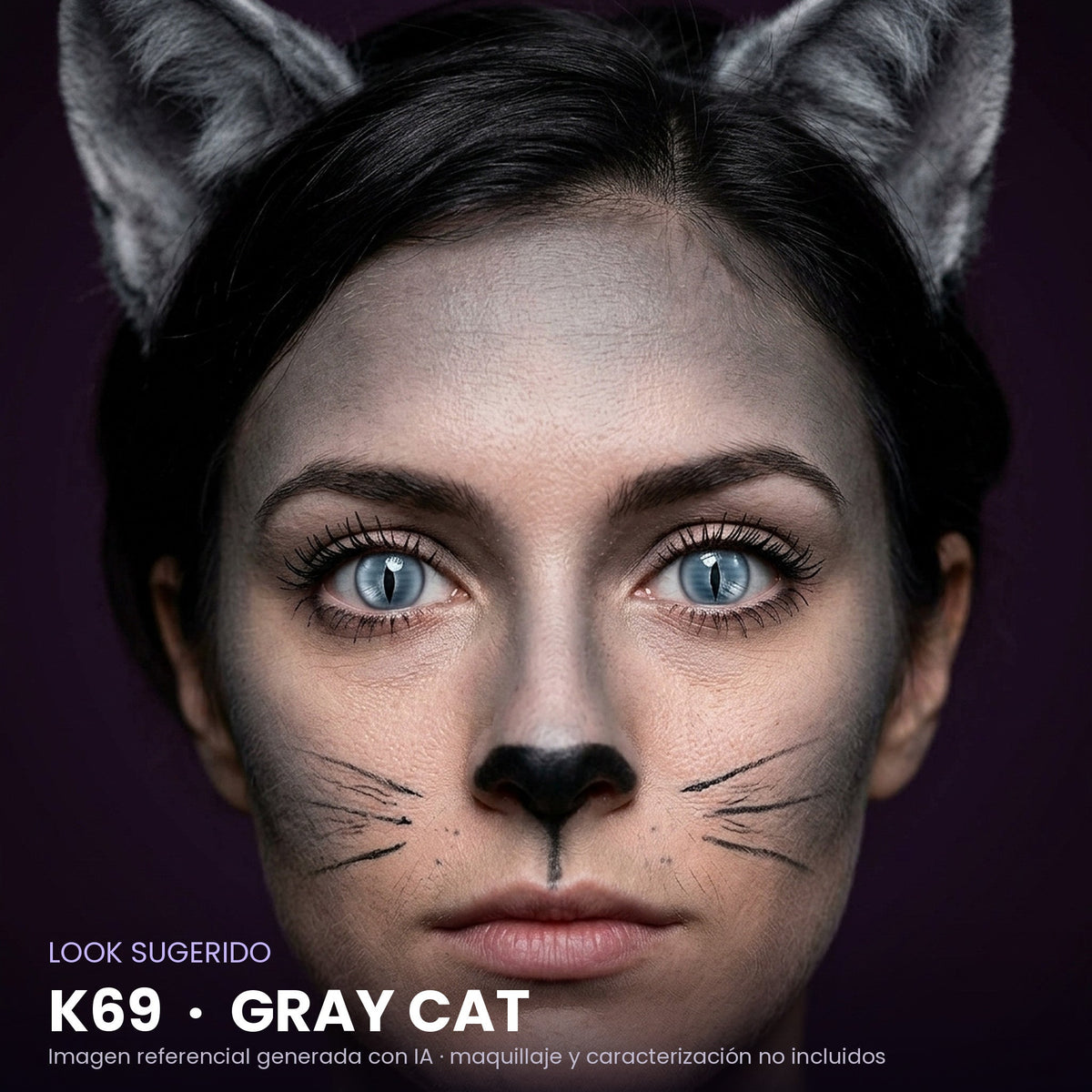 Look sugerido pupilentes Halloween K69 Gray Cat – imagen referencial generada con IA – Qristalino México