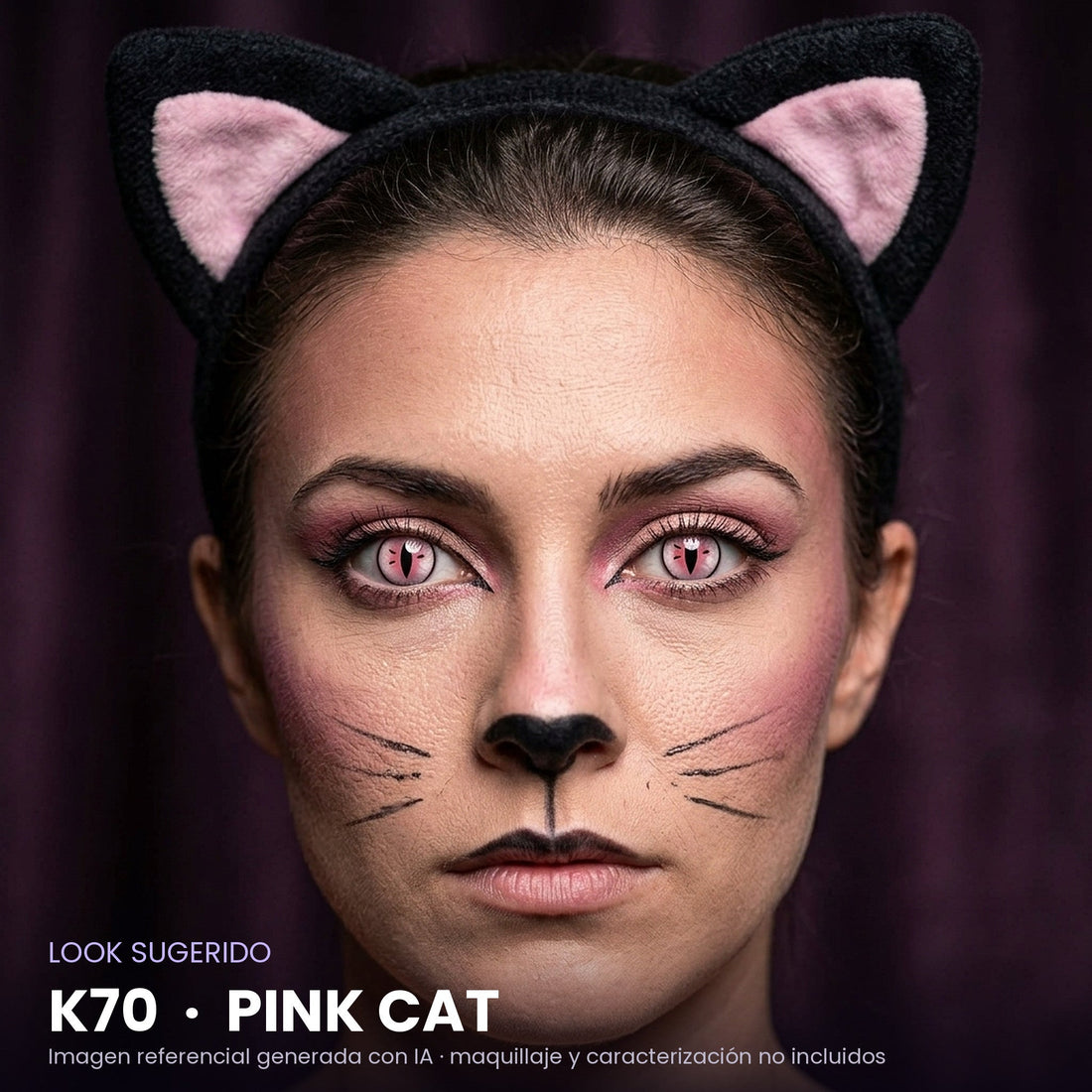 Look sugerido pupilentes Halloween K70 Pink Cat – imagen referencial generada con IA – Qristalino México