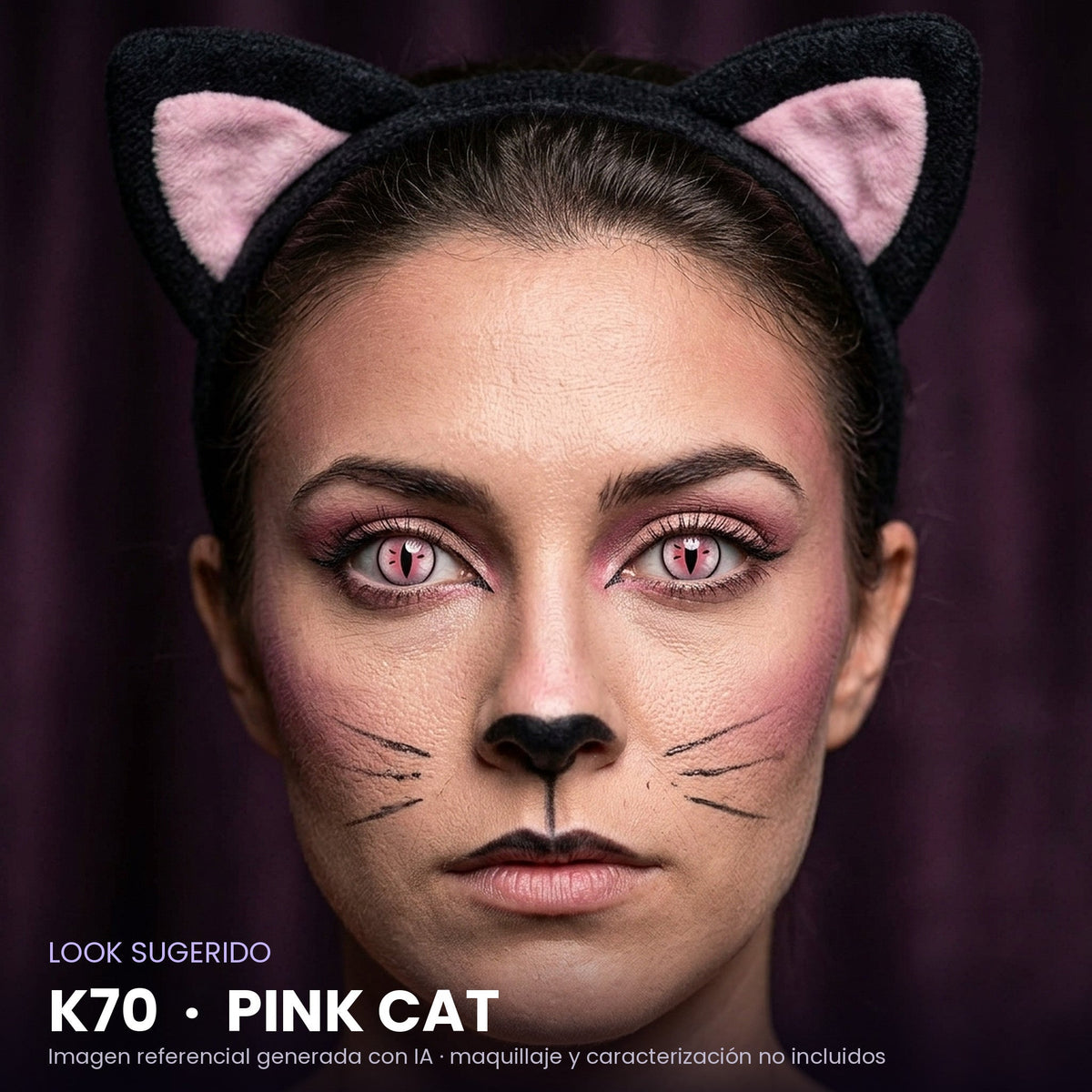 Look sugerido pupilentes Halloween K70 Pink Cat – imagen referencial generada con IA – Qristalino México