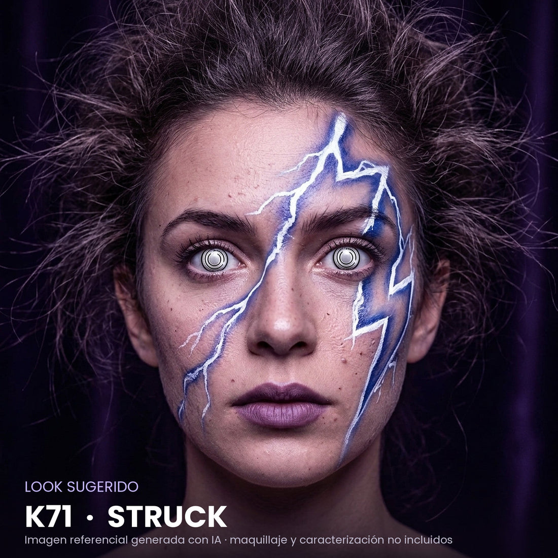 Look sugerido pupilentes Halloween K71 Struck – imagen referencial generada con IA – Qristalino México